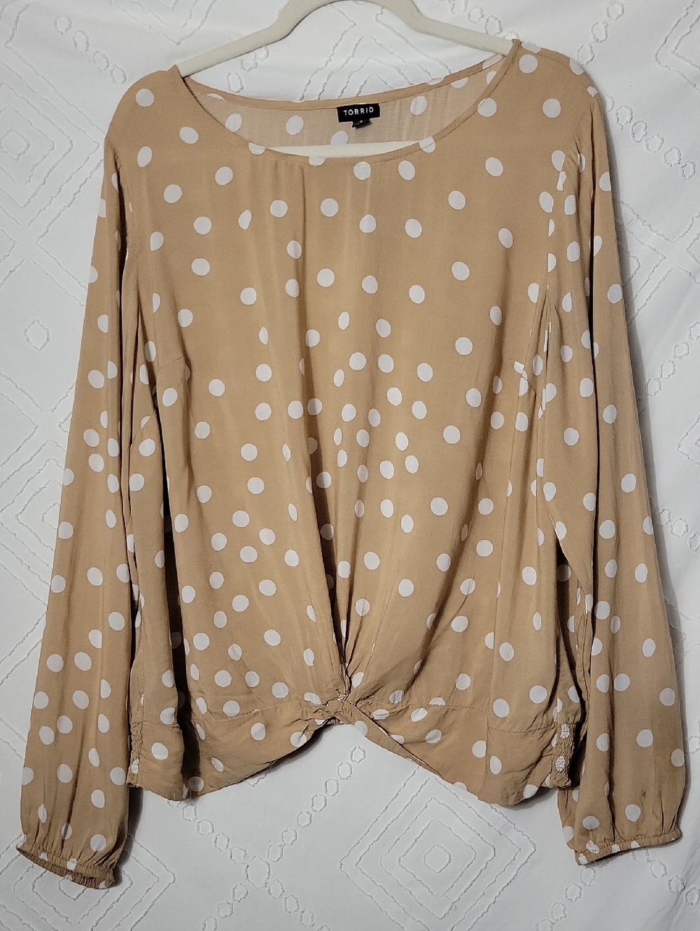 torrid Beige and White Polka Dot Knot-Front Long Sleeve Top